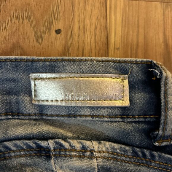 Rebel Love Skinny Applique Patches Jeans 5/6 Blue Distressed Rock Crest Heart - Picture 7 of 9
